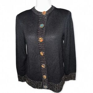 VINTAGE 70's‎ BLACK ELEGANT COLORFUL GOLD BUTTONS CARDIGAN SWEATER LADIES 8